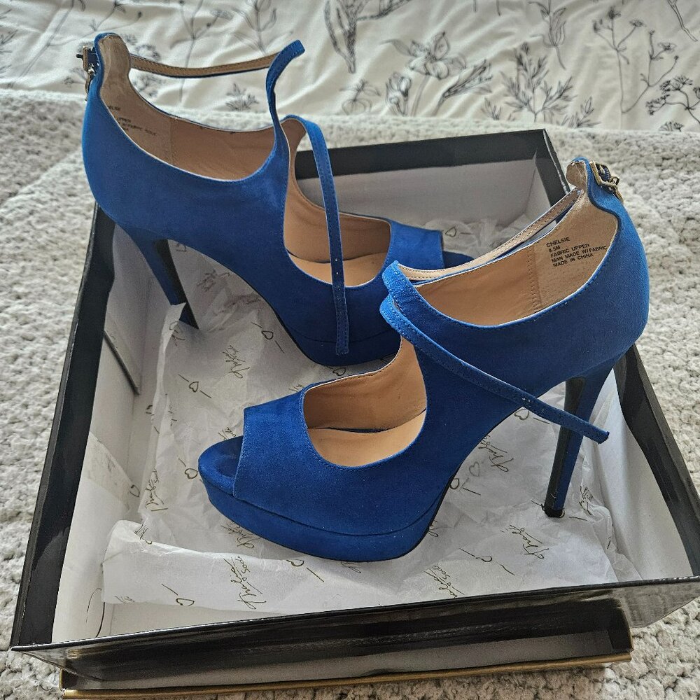Thalia Sodi Platform Heels Womens Size 9  Cobalt Blue Suede Strap Pump Shoes